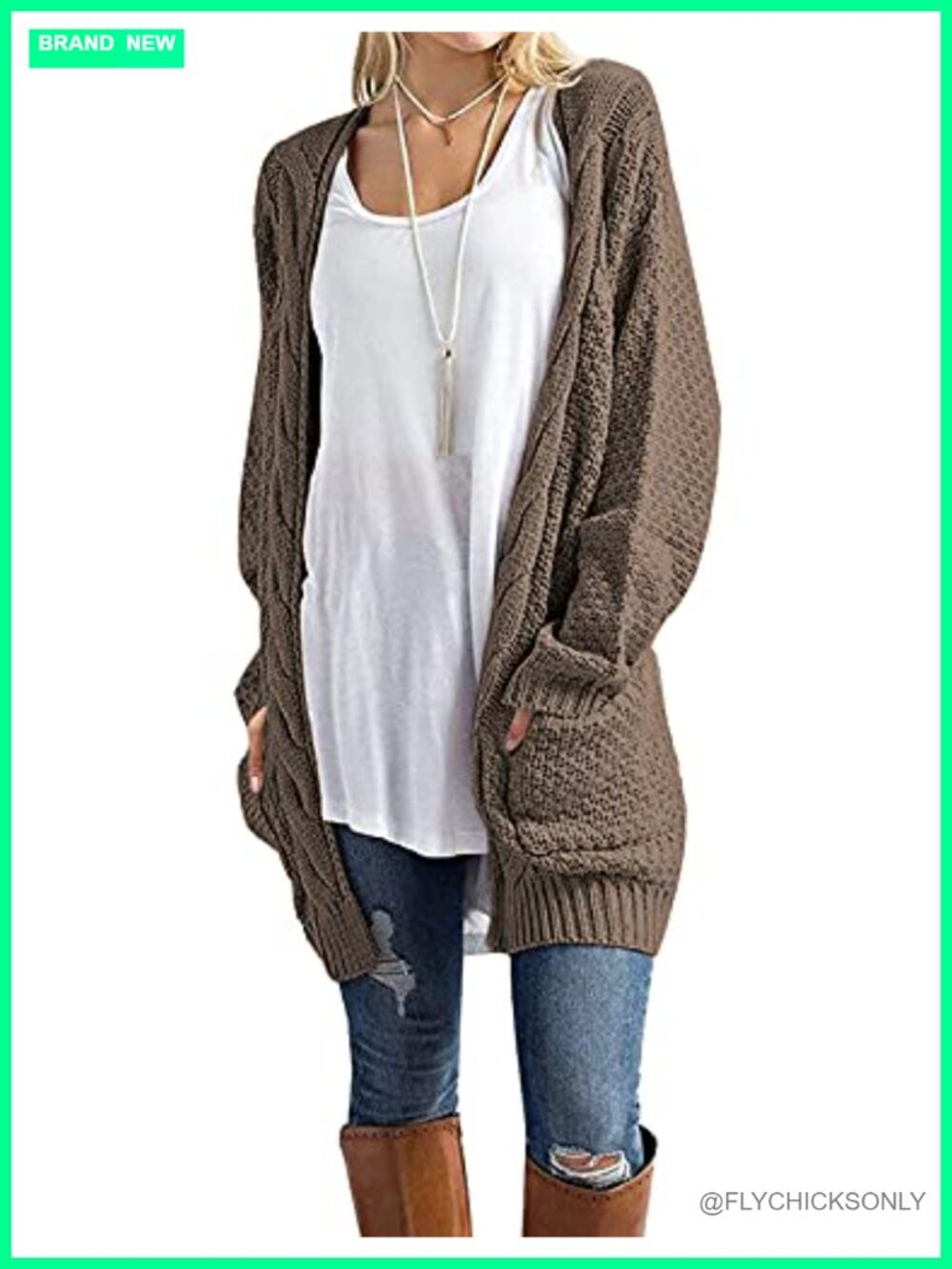 Womens Cable Knit Long Sleeve Open Front Cardigan Sweater with Pockets